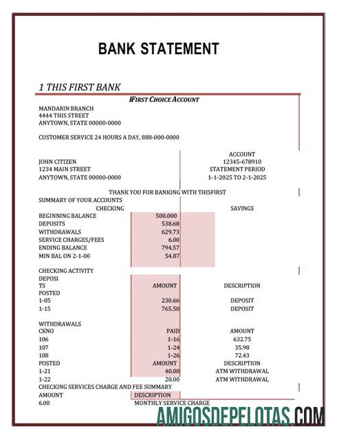 em branco Nigéria Primeiro Extrato Bancário Modelo Word e PDF